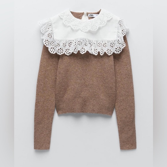 Zara sweater beige camel tan knitted collar lace - Picture 3 of 7